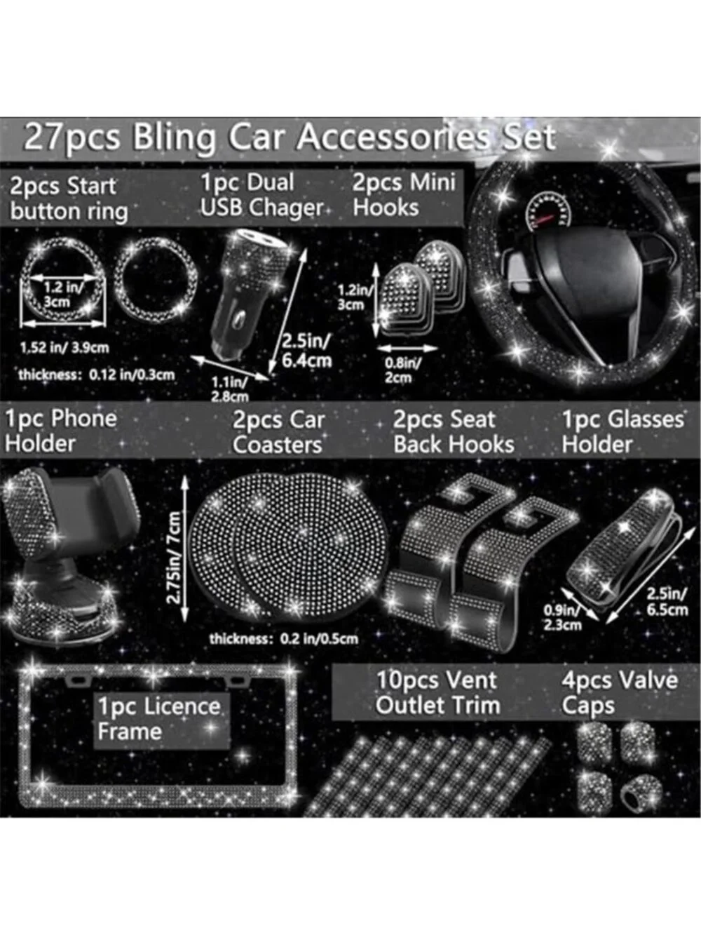 27 PCs Black Bling Car Accessories Set for Women, Steering Wheel Covers